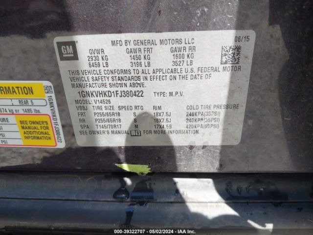 1GNKVHKD1FJ380422 Chevrolet Traverse 2lt