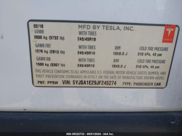 Tesla Model S 100d/75d/p100d 2018 5YJSA1E29JF245274 Image 9