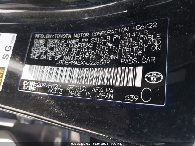 Toyota COROLLA LE 2022 JTDEPMAEXNJ228589 Image 9