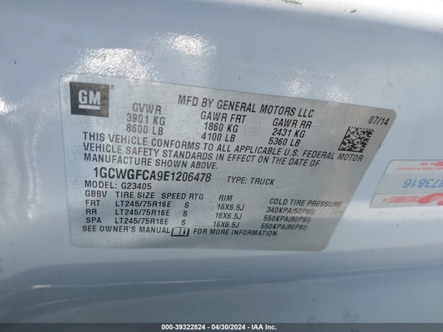 Chevrolet Express 2500 Work Van 2014 1GCWGFCA9E1206478 Image 9