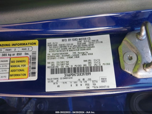 Ford FUSION SE 2014 3FA6P0H73ER397899 Image 9