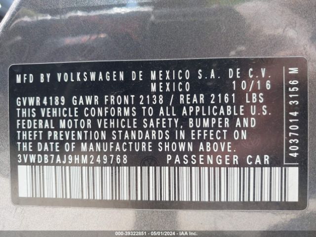 3VWDB7AJ9HM249768 Volkswagen Jetta 1.4t Se