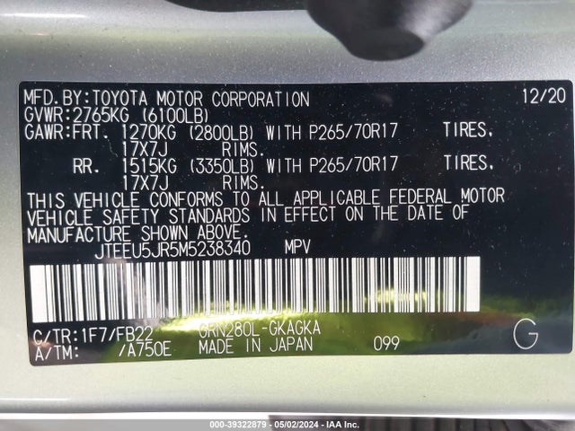 Toyota 4RUNNER SR5 2021 JTEEU5JR5M5238340 Image 9