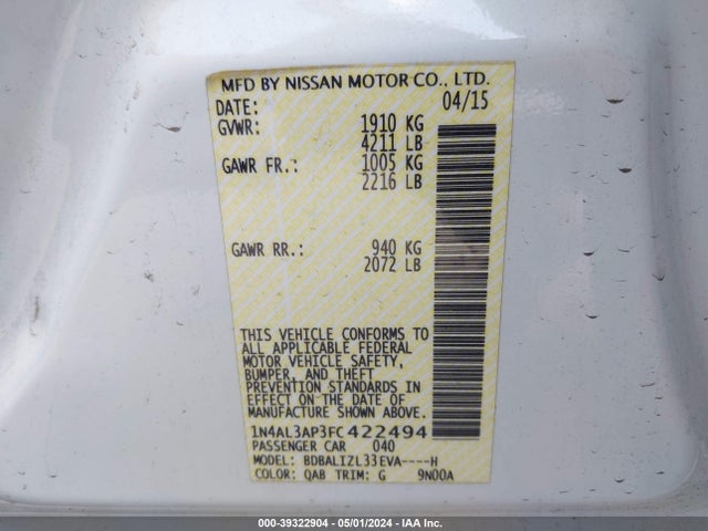 Nissan Altima 2.5 Sv 2015 1N4AL3AP3FC422494 Image 9