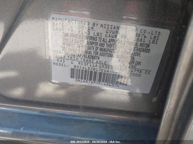 Nissan SENTRA SV 2019 3N1AB7AP7KL626074 Image 9