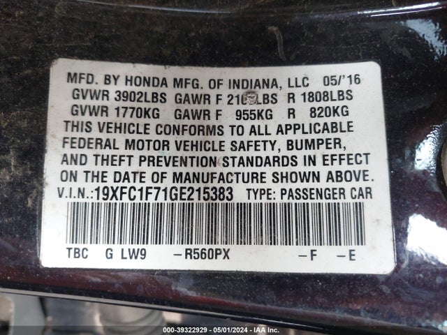Honda Civic Ex-l 2016 19XFC1F71GE215383 Image 9