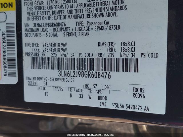 3LN6L2J98GR608476 Lincoln MKZ