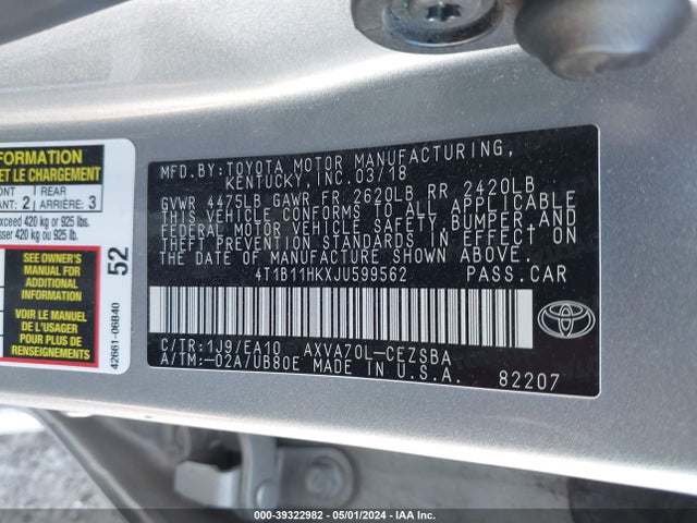 Toyota CAMRY SE 2018 4T1B11HKXJU599562 Image 9