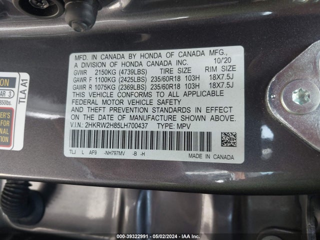 Honda Cr-v Awd Ex-l 2020 2HKRW2H85LH700437 Image 9