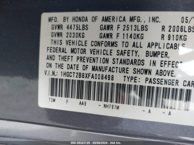 Honda Accord Ex-l V-6 2015 1HGCT2B8XFA008498 Image 9