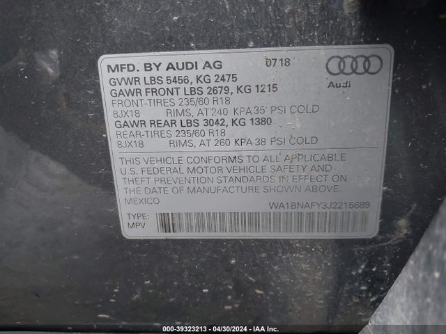 WA1BNAFY3J2215689 Audi Q5 2.0t Premium/2.0t Tech Premium