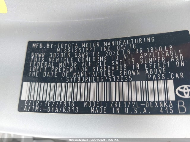 Toyota COROLLA LE 2016 5YFBURHE0GP512035 Image 9