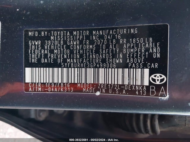 Toyota COROLLA LE 2016 5YFBURHE3GP499006 Image 9