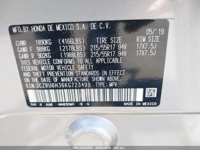 3CZRU6H36KG723499 Honda HR-V LX