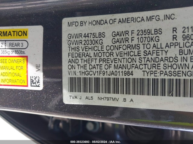 Honda Accord Touring 2018 1HGCV1F91JA011984 Image 9