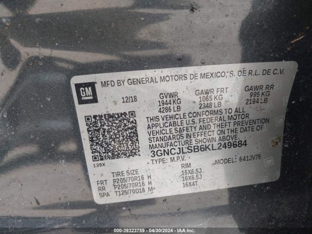 3GNCJLSB6KL249684 Chevrolet Trax Lt