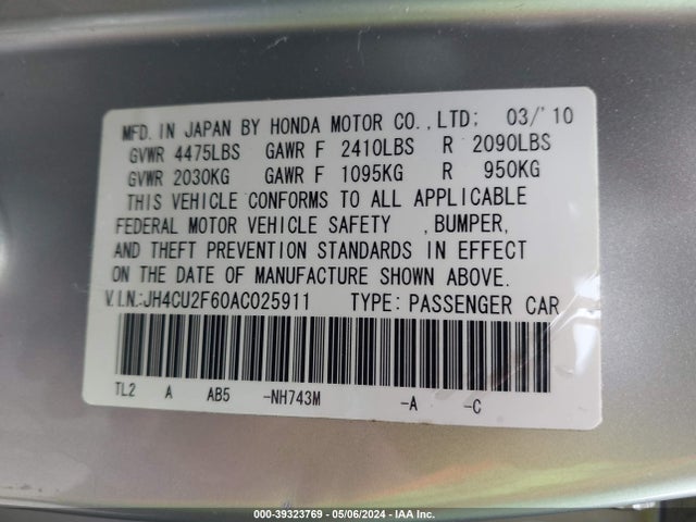39323769 :رقم المزاد ، JH4CU2F60AC025911 vin ، 2010 Acura Tsx 2.4 مزاد بيع