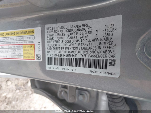 Honda Civic Sport 2022 2HGFE2F5XNH593459 Image 9