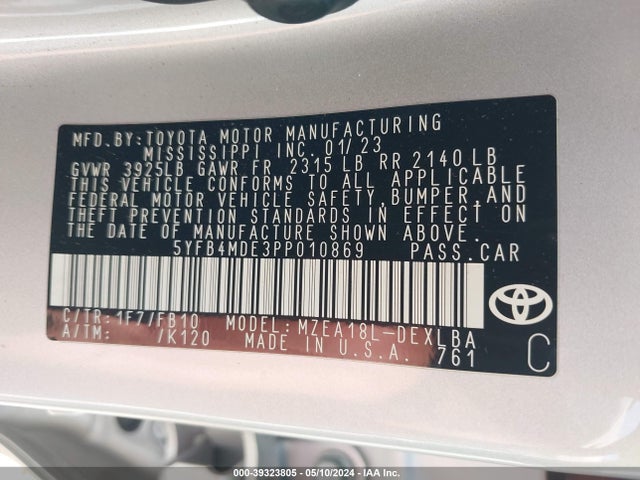 Toyota COROLLA LE 2023 5YFB4MDE3PP010869 Image 9