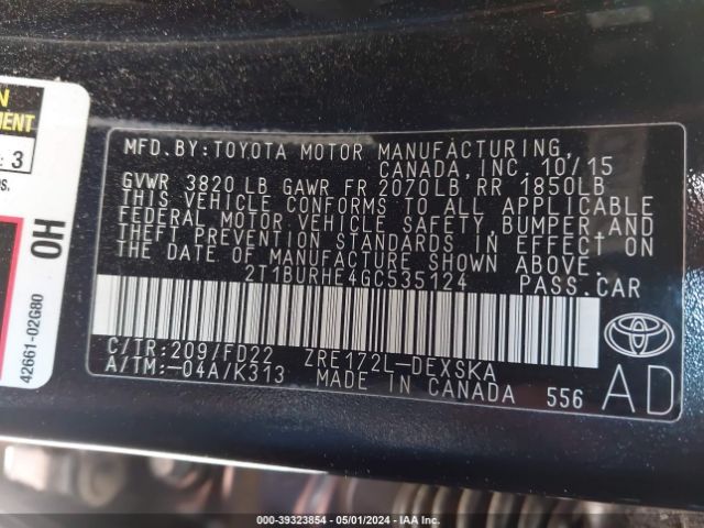 2T1BURHE4GC535124 Toyota Corolla S Plus