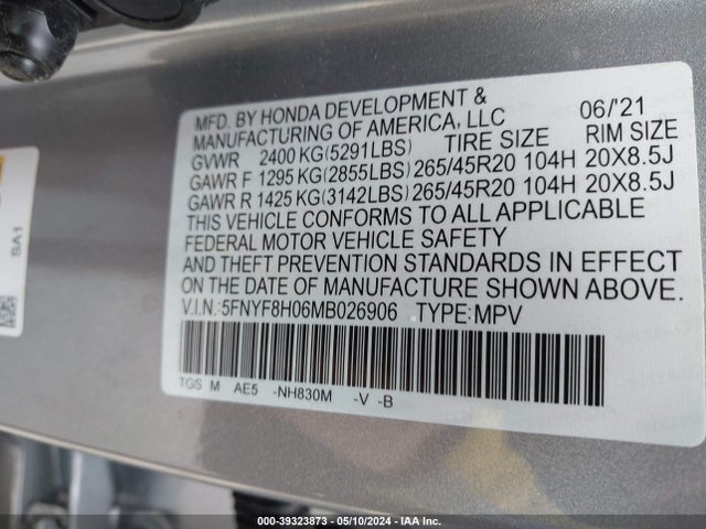 Honda Passport Awd Elite 2021 5FNYF8H06MB026906 Image 9