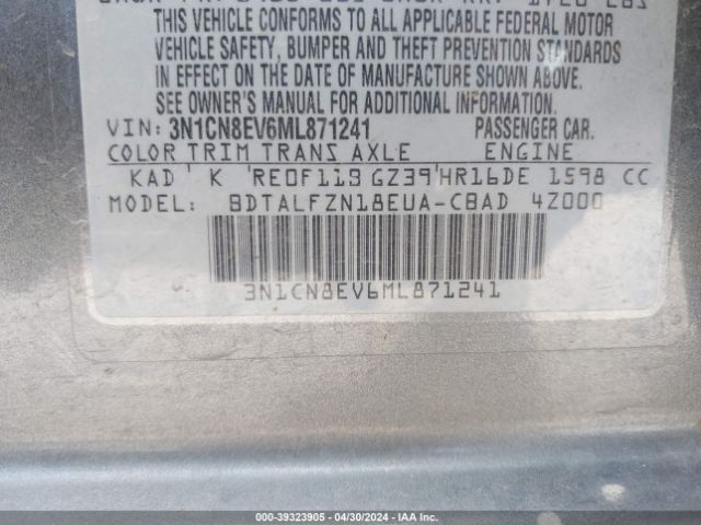 3N1CN8EV6ML871241 Nissan Versa Sv Xtronic Cvt