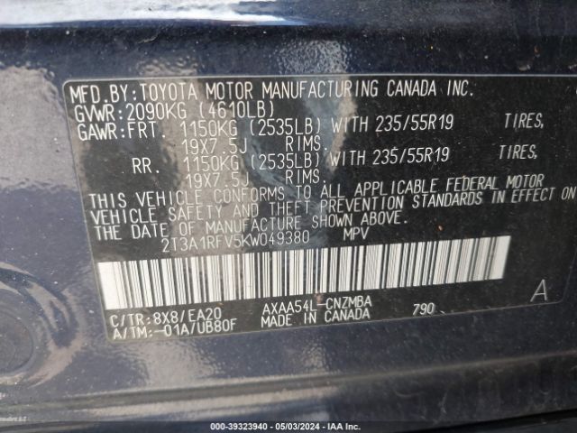 2T3A1RFV5KW049380 Toyota Rav4 Xle Premium