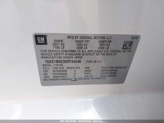 1GKS1BKC0GR194046 GMC YUKON SLT