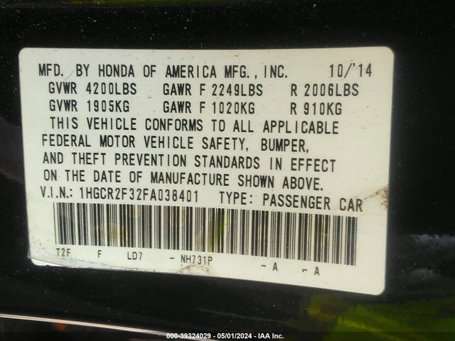Honda ACCORD LX 2015 1HGCR2F32FA038401 Image 9