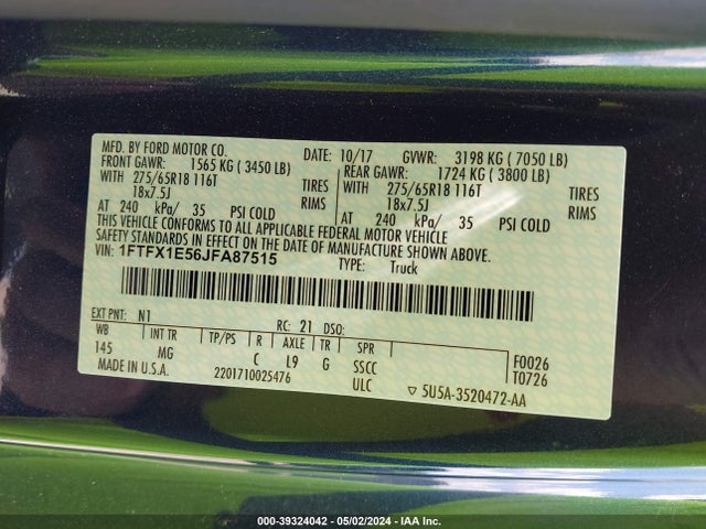 Ford F-150 Xlt 2018 1FTFX1E56JFA87515 Image 9
