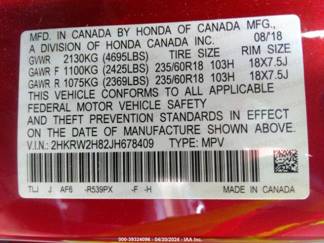 2HKRW2H82JH678409 Honda Cr-v Ex-l/ex-l Navi