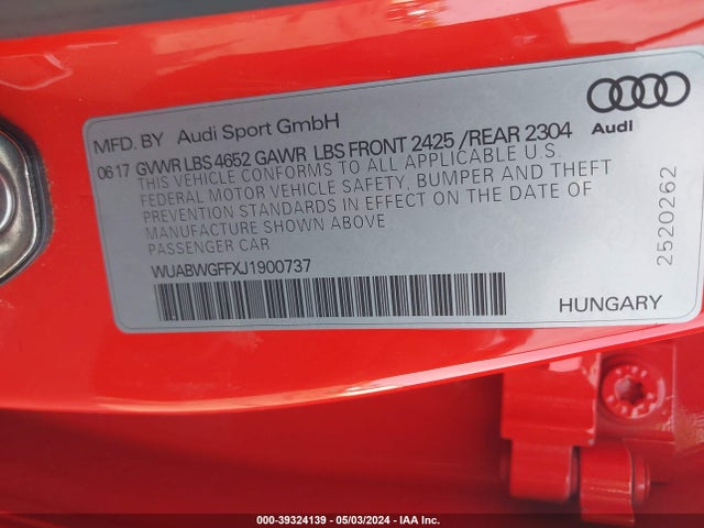 Audi Rs 3 2.5t 2018 WUABWGFFXJ1900737 Image 9