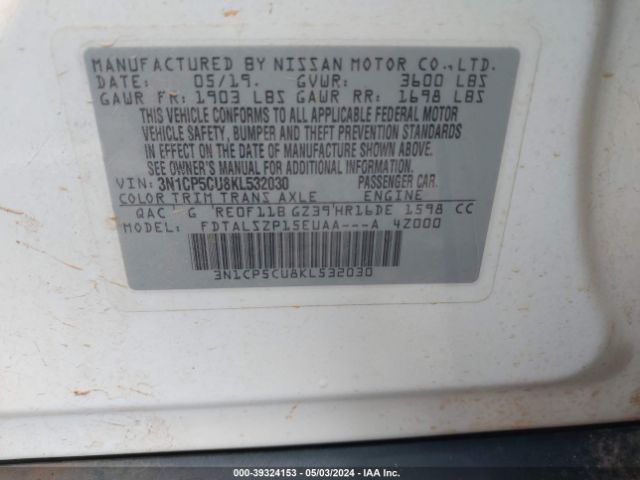 3N1CP5CU8KL532030 Nissan KICKS SV