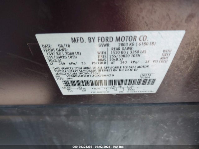 Ford EXPLORER XLT 2018 1FM5K8D87JGC86478 Image 9