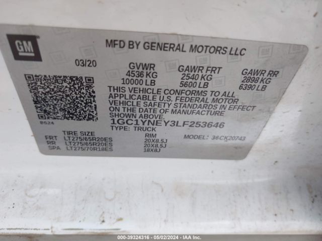 1GC1YNEY3LF253646 Chevrolet Silverado 2500hd 4wd  Standard Bed Lt