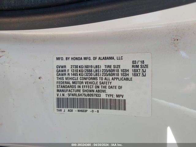 Honda Odyssey Ex-l 2018 5FNRL6H79JB097933 Image 9