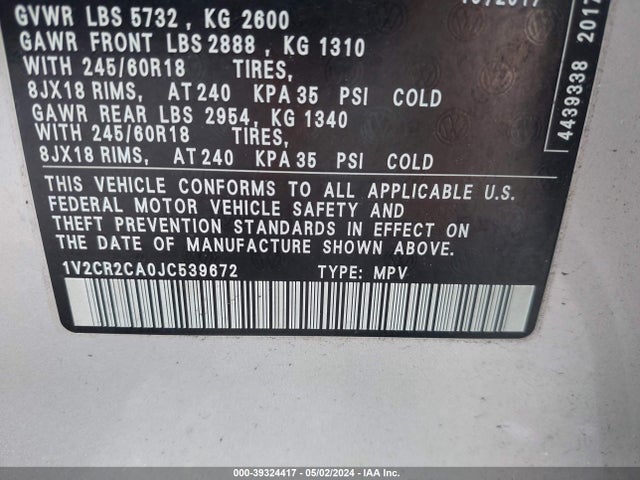 1V2CR2CA0JC539672 Volkswagen Atlas 3.6l V6 Se
