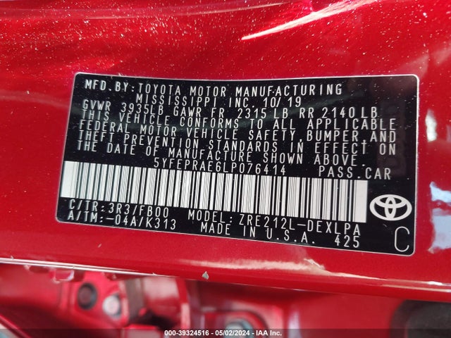 Toyota COROLLA LE 2020 5YFEPRAE6LP076414 Image 9