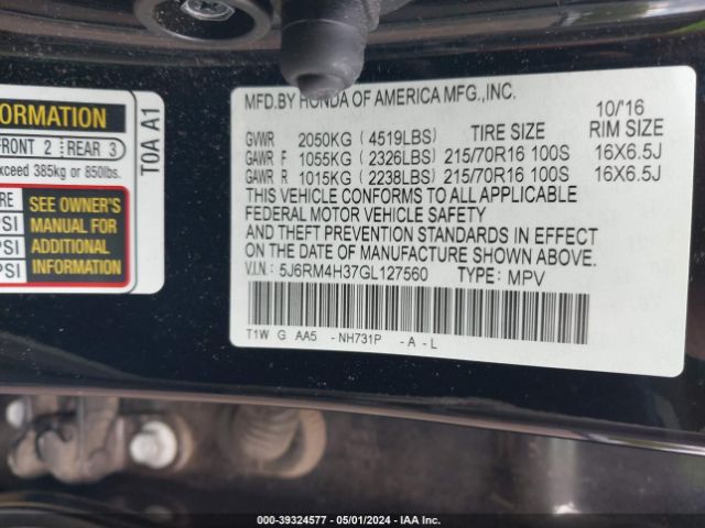 5J6RM4H37GL127560 Honda CR-V LX