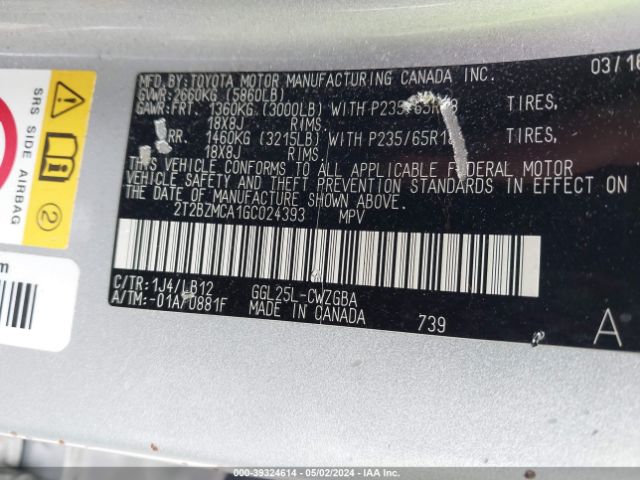 2T2BZMCA1GC024393 Lexus RX 350