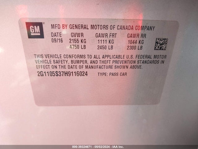 Chevrolet IMPALA 1LT 2017 2G1105S37H9116024 Image 9