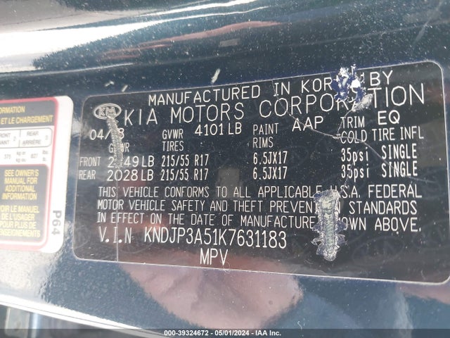 KIA SOUL + 2019 KNDJP3A51K7631183 Image 9