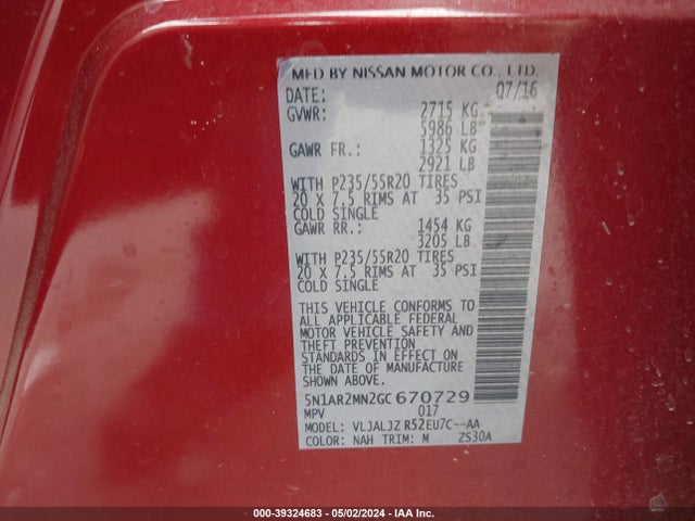 Nissan Pathfinder Platinum 2016 5N1AR2MN2GC670729 Image 9