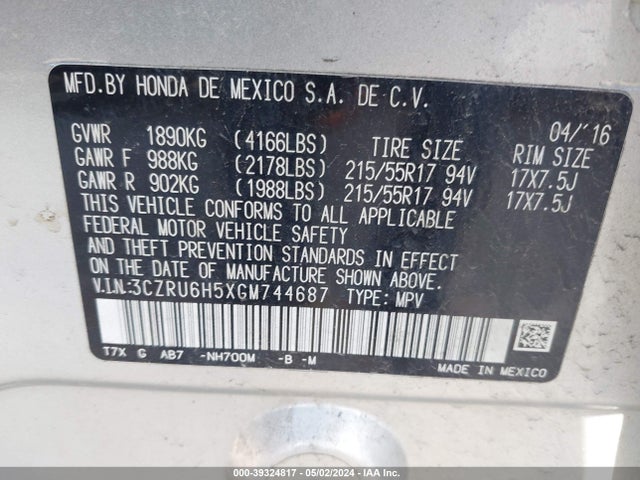 Honda HR-V EX 2016 3CZRU6H5XGM744687 Image 9
