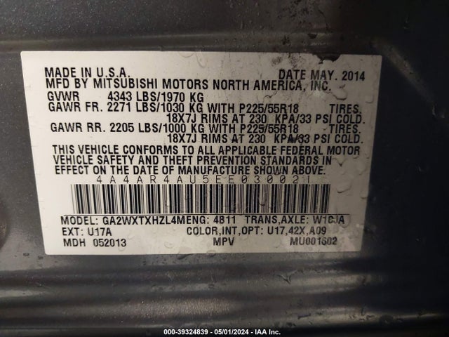 4A4AR4AU5EE030021 Mitsubishi Outlander Sport Se