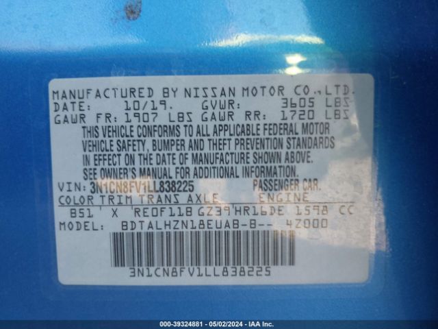 3N1CN8FV1LL838225 Nissan Versa Sr Xtronic Cvt