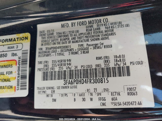 Ford FUSION SE 2015 3FA6P0HD4FR300815 Image 9