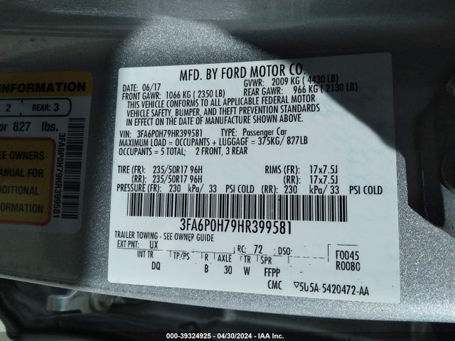 Ford FUSION SE 2017 3FA6P0H79HR399581 Image 9