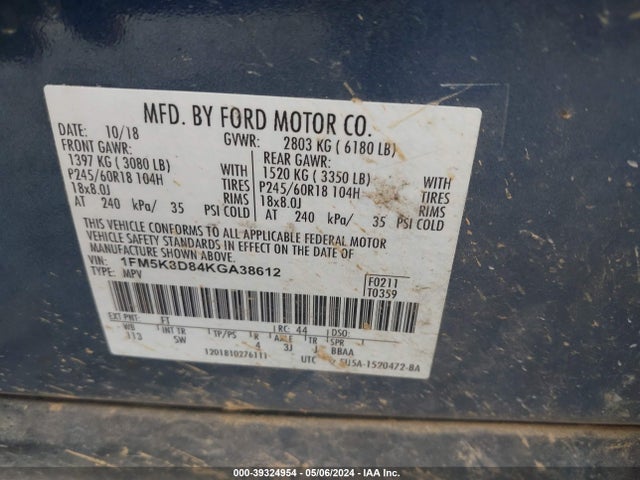 Ford EXPLORER XLT 2019 1FM5K8D84KGA38612 Image 9