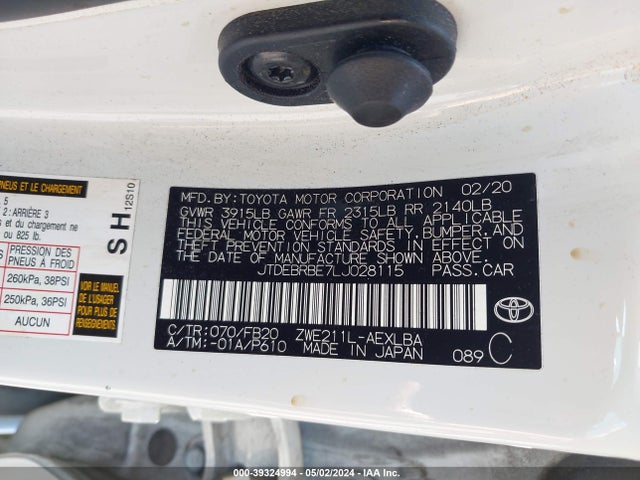 Toyota Corolla Hybrid Le 2020 JTDEBRBE7LJ028115 Image 9